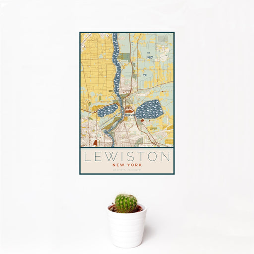 12x18 Lewiston New York Map Print Portrait Orientation in Woodblock Style With Small Cactus Plant in White Planter