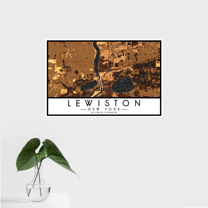 16x24 Lewiston New York Map Print Landscape Orientation in Ember Style With Tropical Plant Leaves in Water