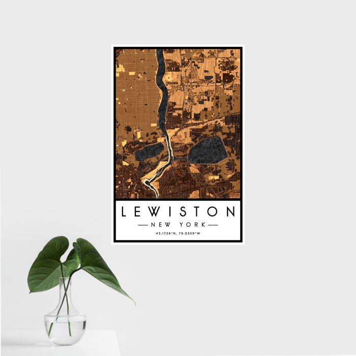 16x24 Lewiston New York Map Print Portrait Orientation in Ember Style With Tropical Plant Leaves in Water
