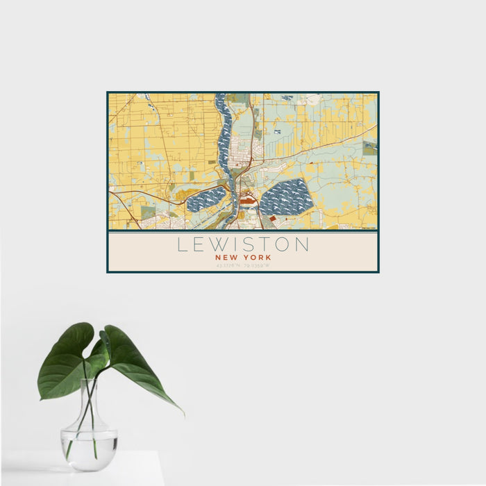 16x24 Lewiston New York Map Print Landscape Orientation in Woodblock Style With Tropical Plant Leaves in Water