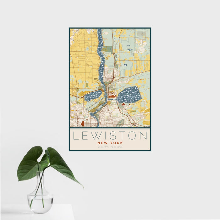 16x24 Lewiston New York Map Print Portrait Orientation in Woodblock Style With Tropical Plant Leaves in Water