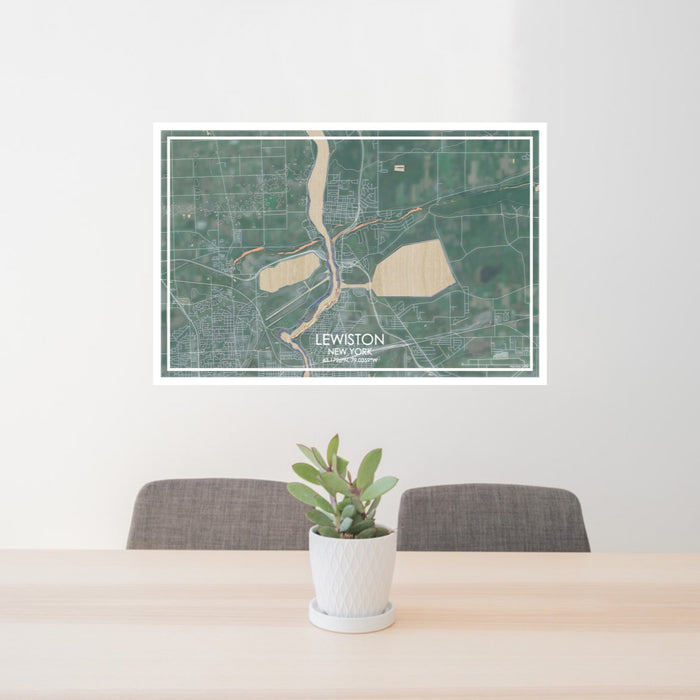 24x36 Lewiston New York Map Print Lanscape Orientation in Afternoon Style Behind 2 Chairs Table and Potted Plant