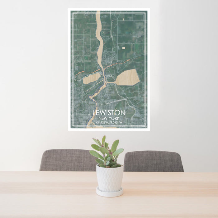 24x36 Lewiston New York Map Print Portrait Orientation in Afternoon Style Behind 2 Chairs Table and Potted Plant