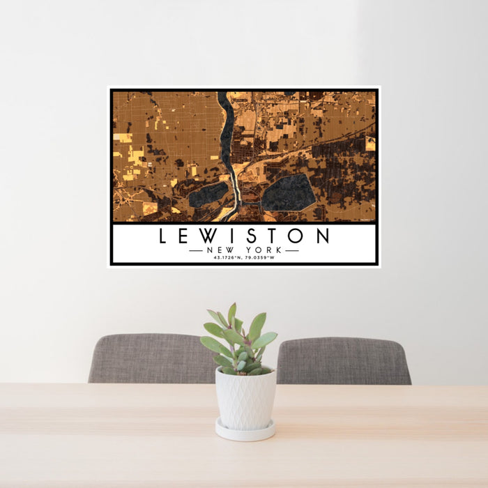 24x36 Lewiston New York Map Print Lanscape Orientation in Ember Style Behind 2 Chairs Table and Potted Plant