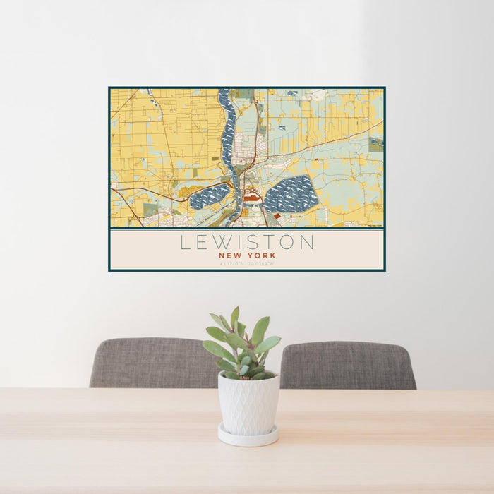 24x36 Lewiston New York Map Print Lanscape Orientation in Woodblock Style Behind 2 Chairs Table and Potted Plant