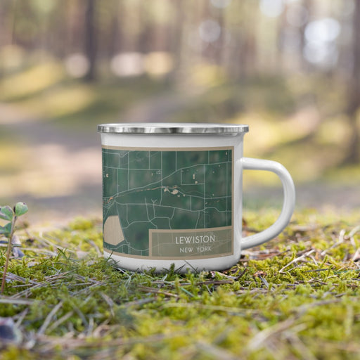 Right View Custom Lewiston New York Map Enamel Mug in Afternoon on Grass With Trees in Background