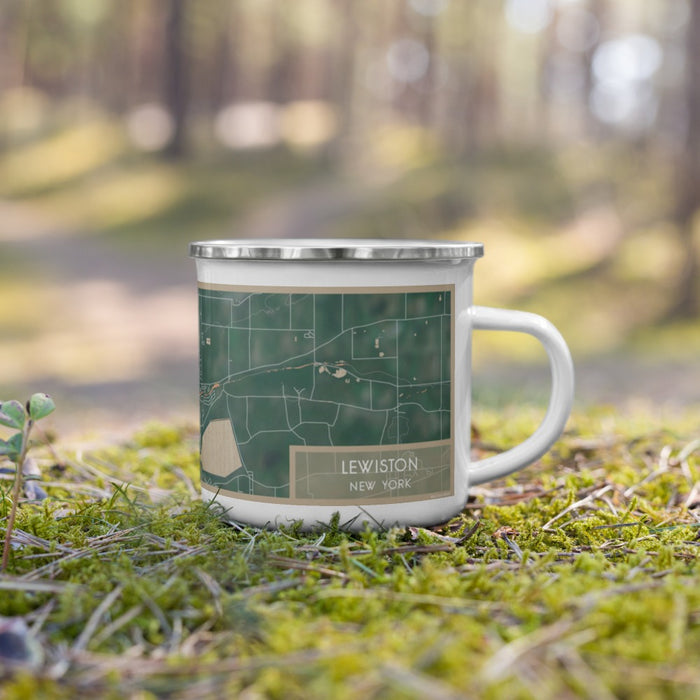 Right View Custom Lewiston New York Map Enamel Mug in Afternoon on Grass With Trees in Background