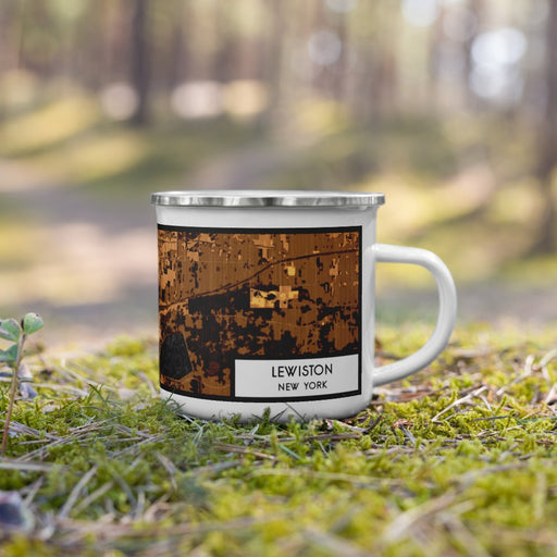 Right View Custom Lewiston New York Map Enamel Mug in Ember on Grass With Trees in Background