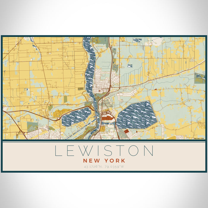 Lewiston New York Map Print Landscape Orientation in Woodblock Style With Shaded Background