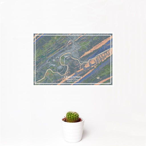 12x18 Lewistown Pennsylvania Map Print Landscape Orientation in Afternoon Style With Small Cactus Plant in White Planter