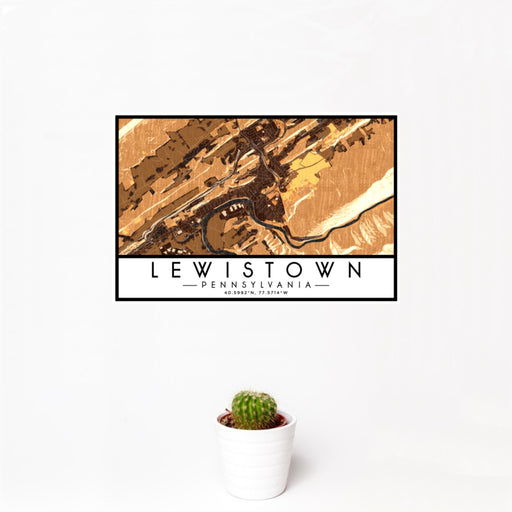 12x18 Lewistown Pennsylvania Map Print Landscape Orientation in Ember Style With Small Cactus Plant in White Planter
