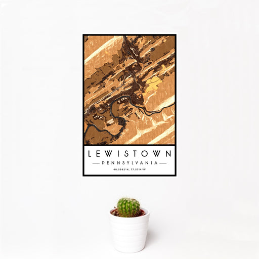 12x18 Lewistown Pennsylvania Map Print Portrait Orientation in Ember Style With Small Cactus Plant in White Planter
