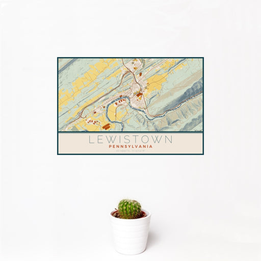 12x18 Lewistown Pennsylvania Map Print Landscape Orientation in Woodblock Style With Small Cactus Plant in White Planter