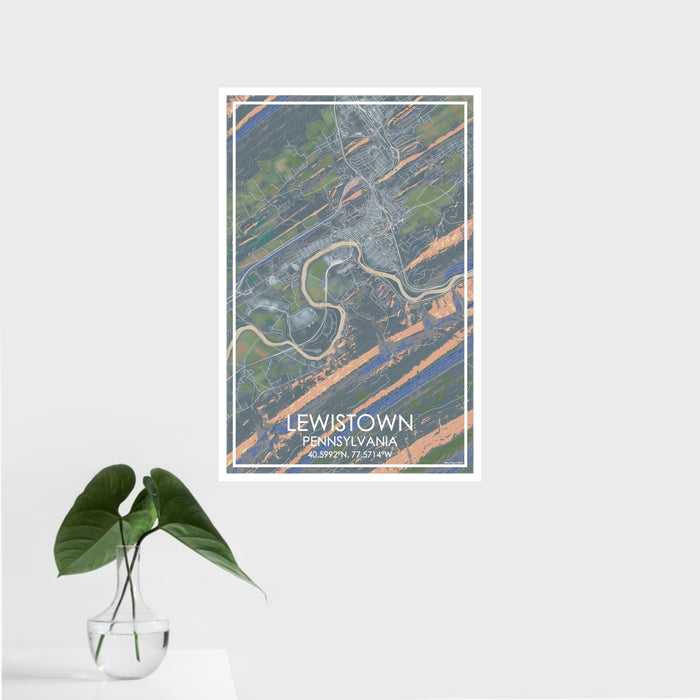 16x24 Lewistown Pennsylvania Map Print Portrait Orientation in Afternoon Style With Tropical Plant Leaves in Water