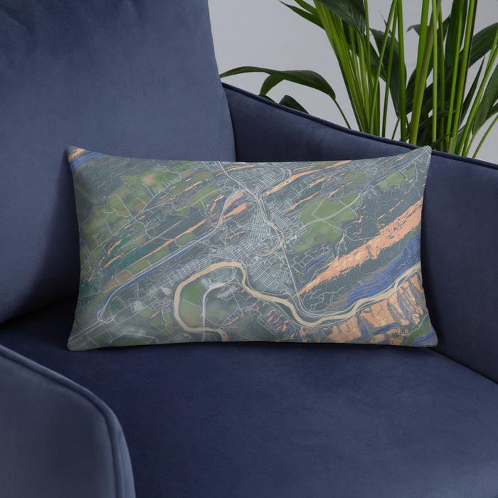 Custom Lewistown Pennsylvania Map Throw Pillow in Afternoon on Blue Colored Chair