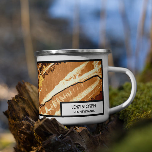 Right View Custom Lewistown Pennsylvania Map Enamel Mug in Ember on Grass With Trees in Background