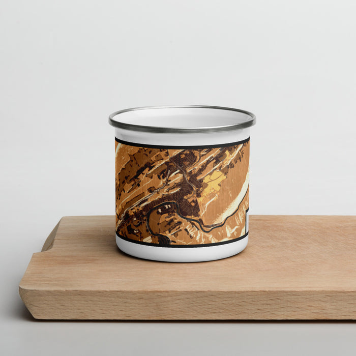 Front View Custom Lewistown Pennsylvania Map Enamel Mug in Ember on Cutting Board