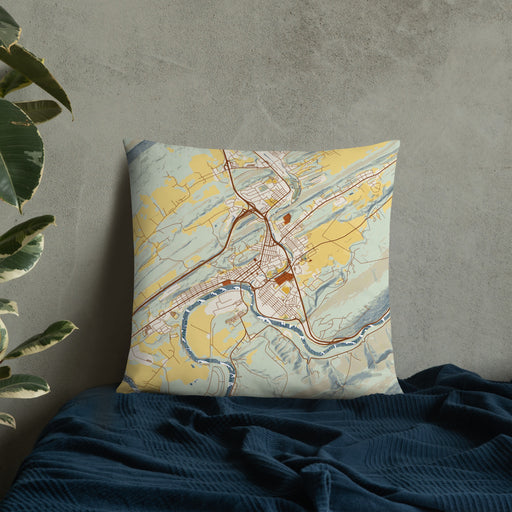 Custom Lewistown Pennsylvania Map Throw Pillow in Woodblock on Bedding Against Wall