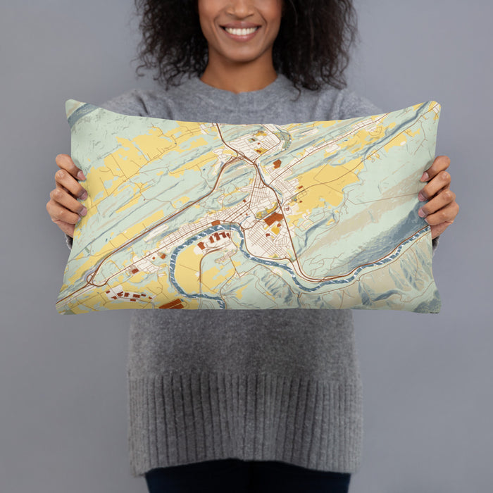 Person holding 20x12 Custom Lewistown Pennsylvania Map Throw Pillow in Woodblock