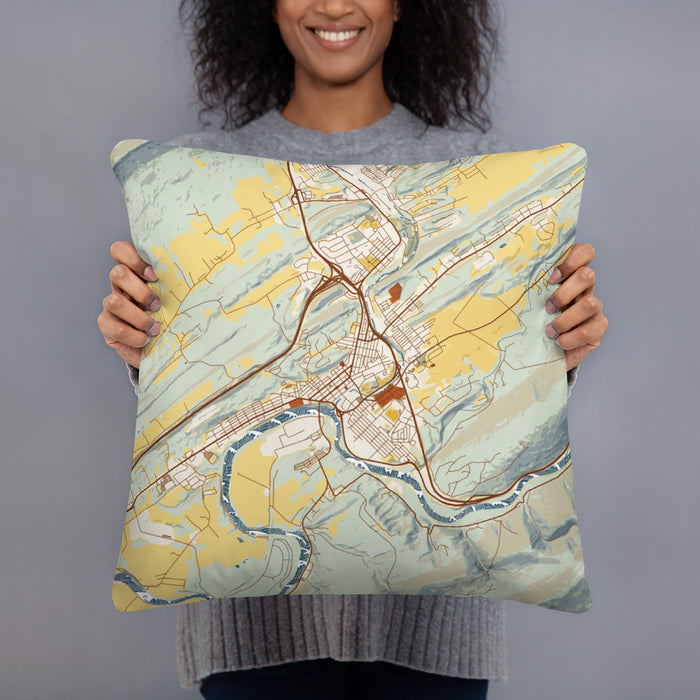 Person holding 18x18 Custom Lewistown Pennsylvania Map Throw Pillow in Woodblock