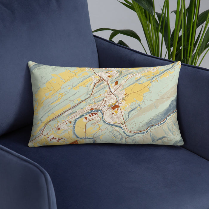 Custom Lewistown Pennsylvania Map Throw Pillow in Woodblock on Blue Colored Chair