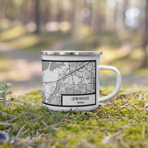 Right View Custom Lewisville Texas Map Enamel Mug in Classic on Grass With Trees in Background