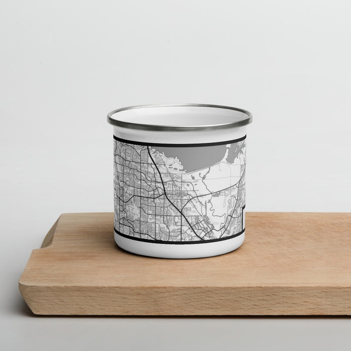 Front View Custom Lewisville Texas Map Enamel Mug in Classic on Cutting Board