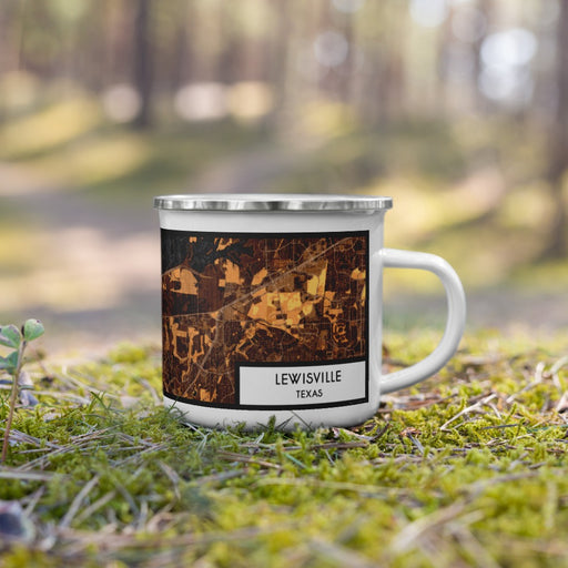 Right View Custom Lewisville Texas Map Enamel Mug in Ember on Grass With Trees in Background