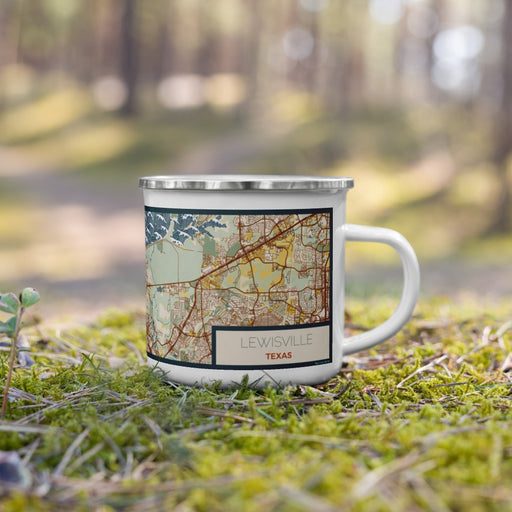 Right View Custom Lewisville Texas Map Enamel Mug in Woodblock on Grass With Trees in Background