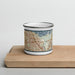 Front View Custom Lewisville Texas Map Enamel Mug in Woodblock on Cutting Board