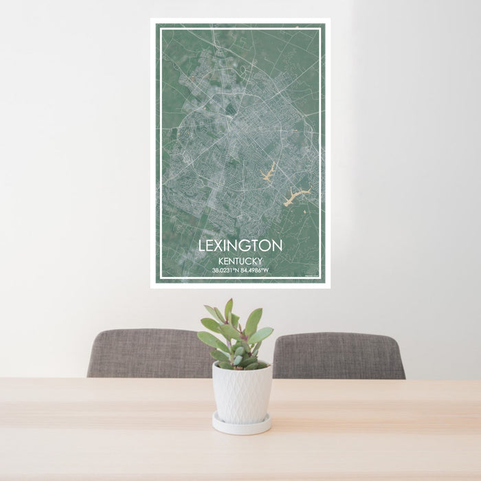 24x36 Lexington Kentucky Map Print Portrait Orientation in Afternoon Style Behind 2 Chairs Table and Potted Plant