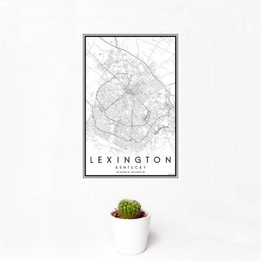 12x18 Lexington Kentucky Map Print Portrait Orientation in Classic Style With Small Cactus Plant in White Planter