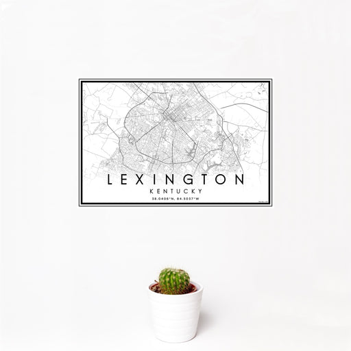12x18 Lexington Kentucky Map Print Landscape Orientation in Classic Style With Small Cactus Plant in White Planter