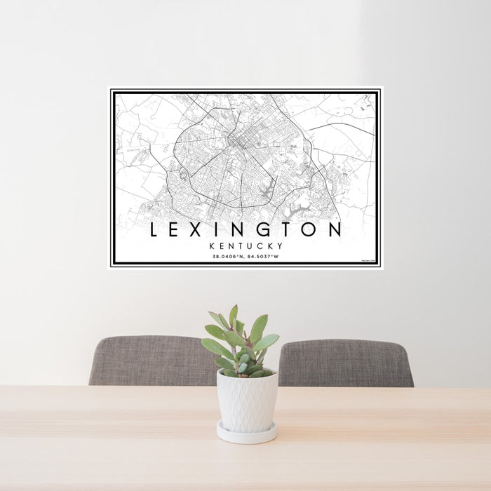 24x36 Lexington Kentucky Map Print Landscape Orientation in Classic Style Behind 2 Chairs Table and Potted Plant