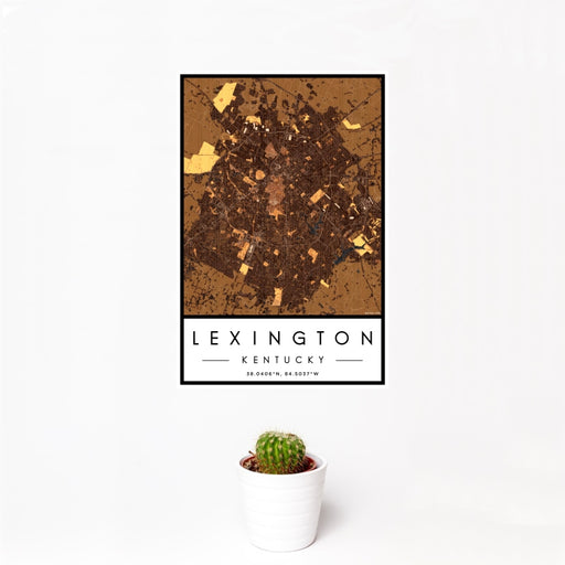 12x18 Lexington Kentucky Map Print Portrait Orientation in Ember Style With Small Cactus Plant in White Planter