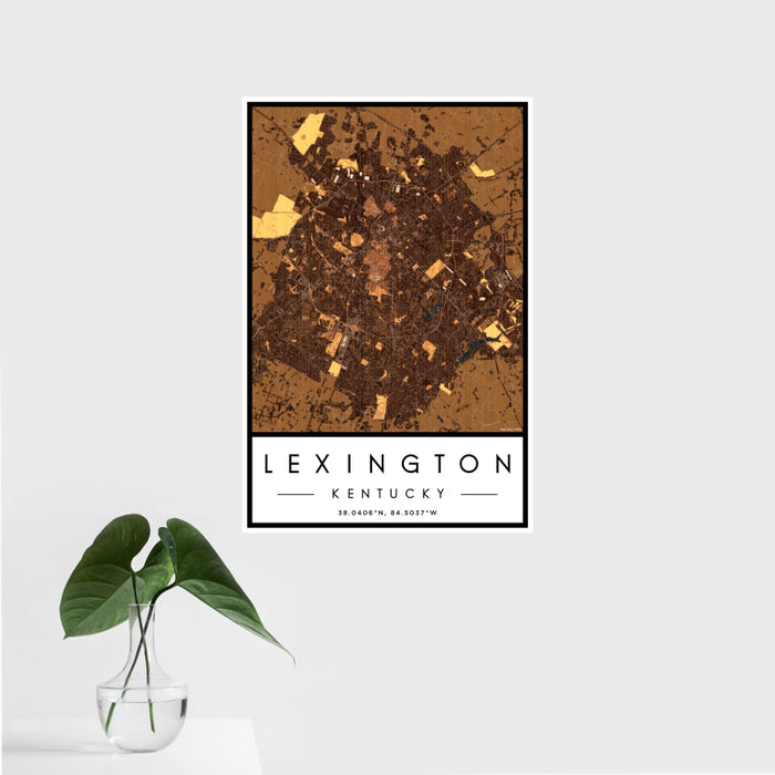 16x24 Lexington Kentucky Map Print Portrait Orientation in Ember Style With Tropical Plant Leaves in Water