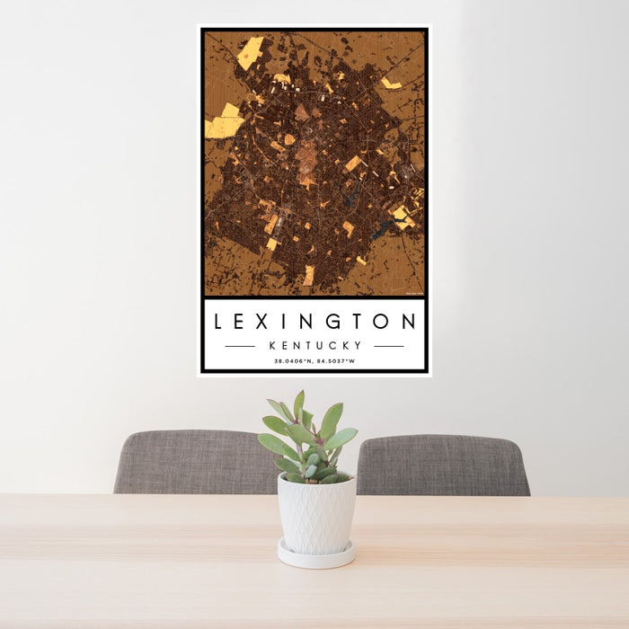 24x36 Lexington Kentucky Map Print Portrait Orientation in Ember Style Behind 2 Chairs Table and Potted Plant