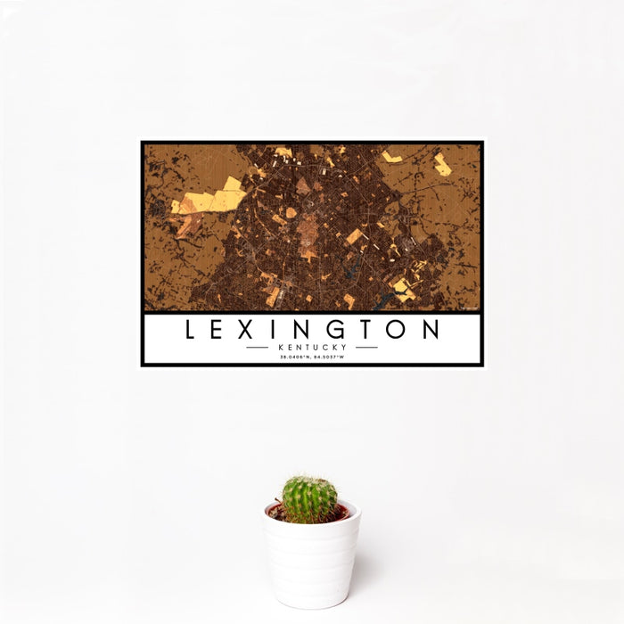 12x18 Lexington Kentucky Map Print Landscape Orientation in Ember Style With Small Cactus Plant in White Planter