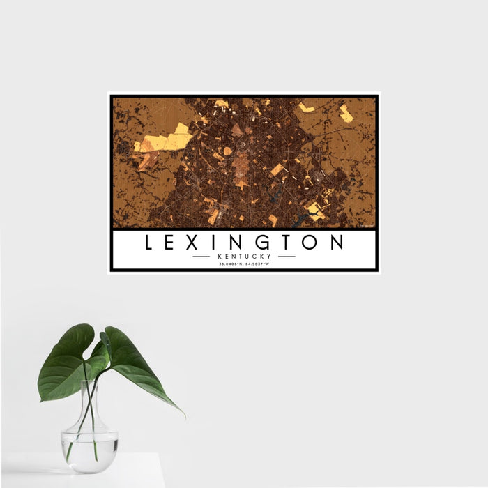 16x24 Lexington Kentucky Map Print Landscape Orientation in Ember Style With Tropical Plant Leaves in Water
