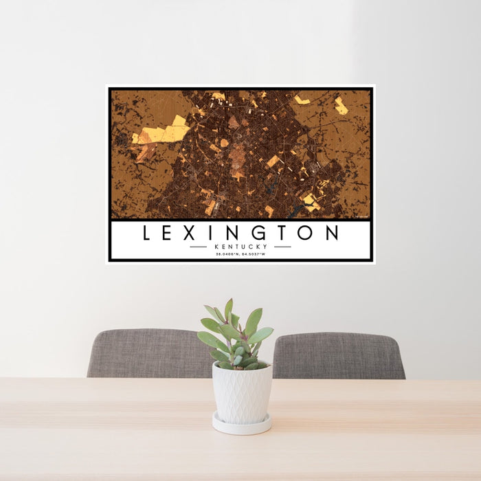 24x36 Lexington Kentucky Map Print Landscape Orientation in Ember Style Behind 2 Chairs Table and Potted Plant