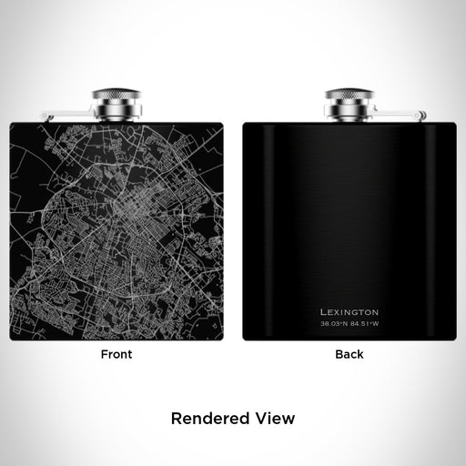 Rendered View of Lexington Kentucky Map Engraving on 6oz Stainless Steel Flask in Black