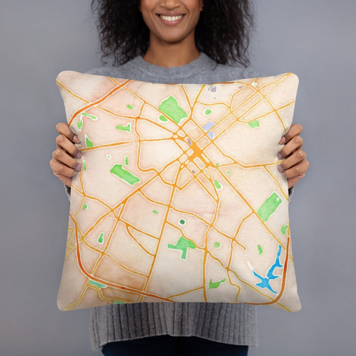 Person holding 18x18 Custom Lexington Kentucky Map Throw Pillow in Watercolor