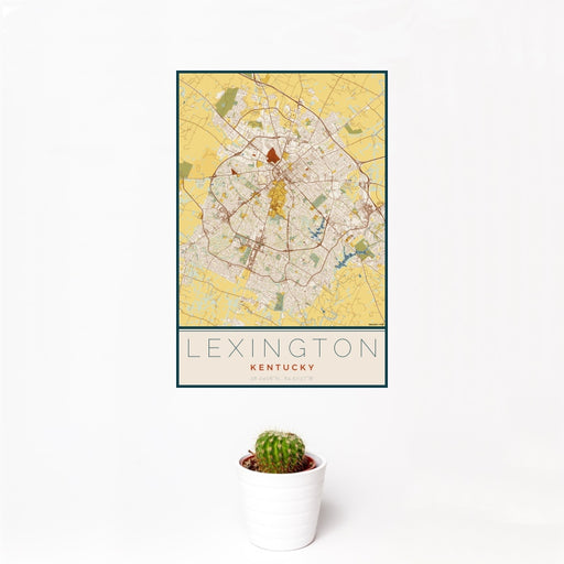 12x18 Lexington Kentucky Map Print Portrait Orientation in Woodblock Style With Small Cactus Plant in White Planter