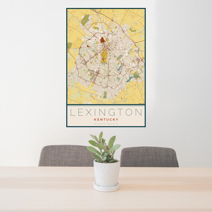 24x36 Lexington Kentucky Map Print Portrait Orientation in Woodblock Style Behind 2 Chairs Table and Potted Plant