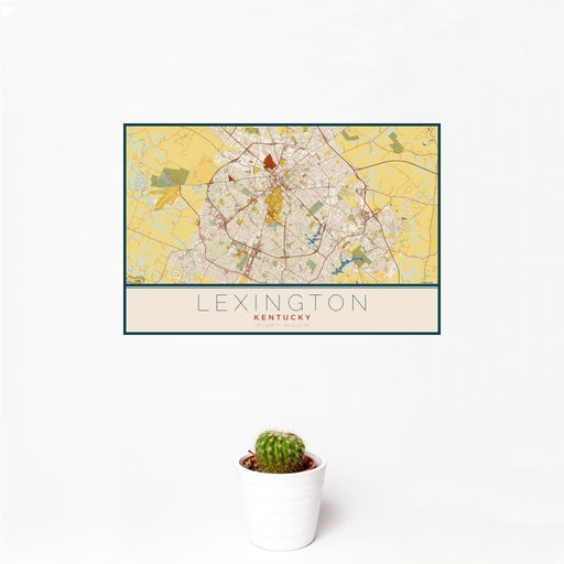 12x18 Lexington Kentucky Map Print Landscape Orientation in Woodblock Style With Small Cactus Plant in White Planter