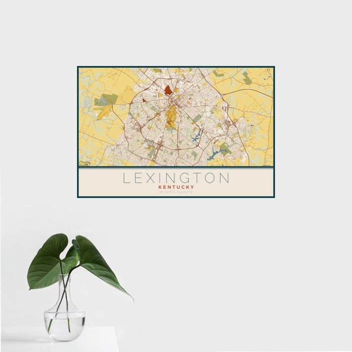 16x24 Lexington Kentucky Map Print Landscape Orientation in Woodblock Style With Tropical Plant Leaves in Water