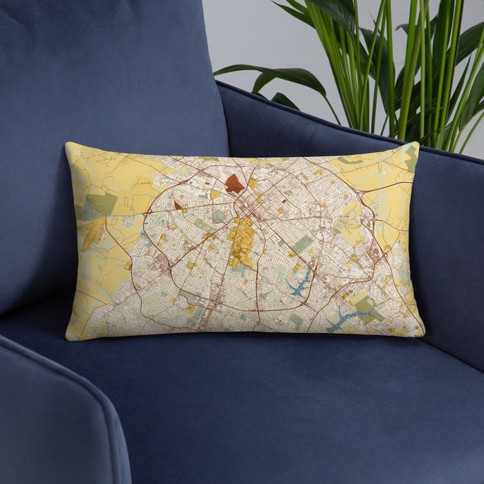 Custom Lexington Kentucky Map Throw Pillow in Woodblock on Blue Colored Chair