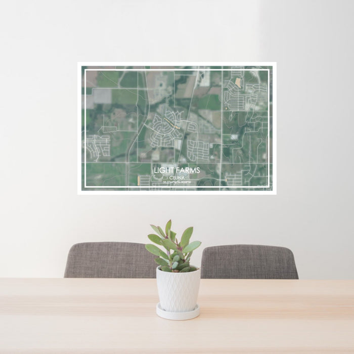 24x36 Light Farms Celina Map Print Lanscape Orientation in Afternoon Style Behind 2 Chairs Table and Potted Plant