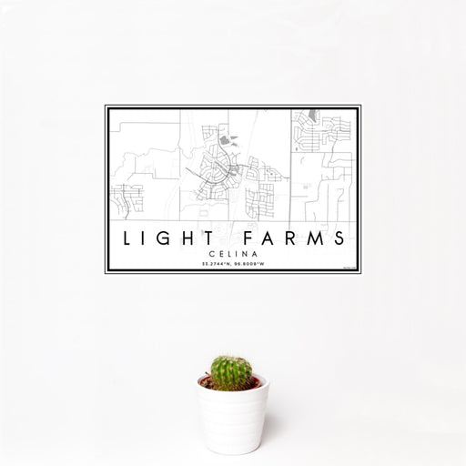 12x18 Light Farms Celina Map Print Landscape Orientation in Classic Style With Small Cactus Plant in White Planter