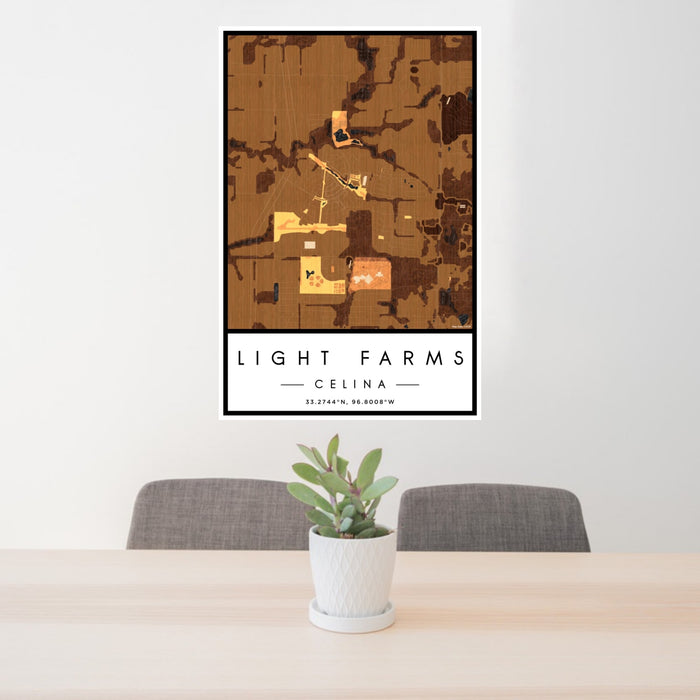 24x36 Light Farms Celina Map Print Portrait Orientation in Ember Style Behind 2 Chairs Table and Potted Plant